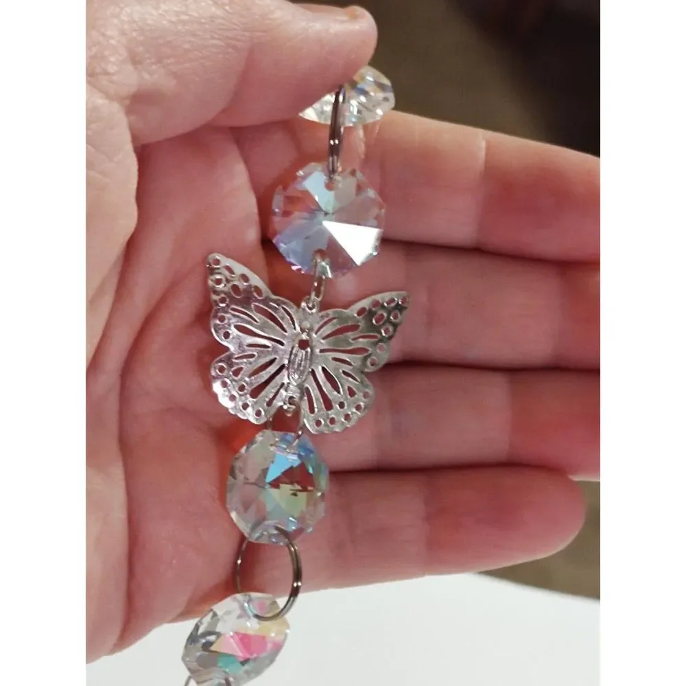 Iridescent Glass Butterfly Silver Leaf Chain Hanging Suncatcher Ornament 17